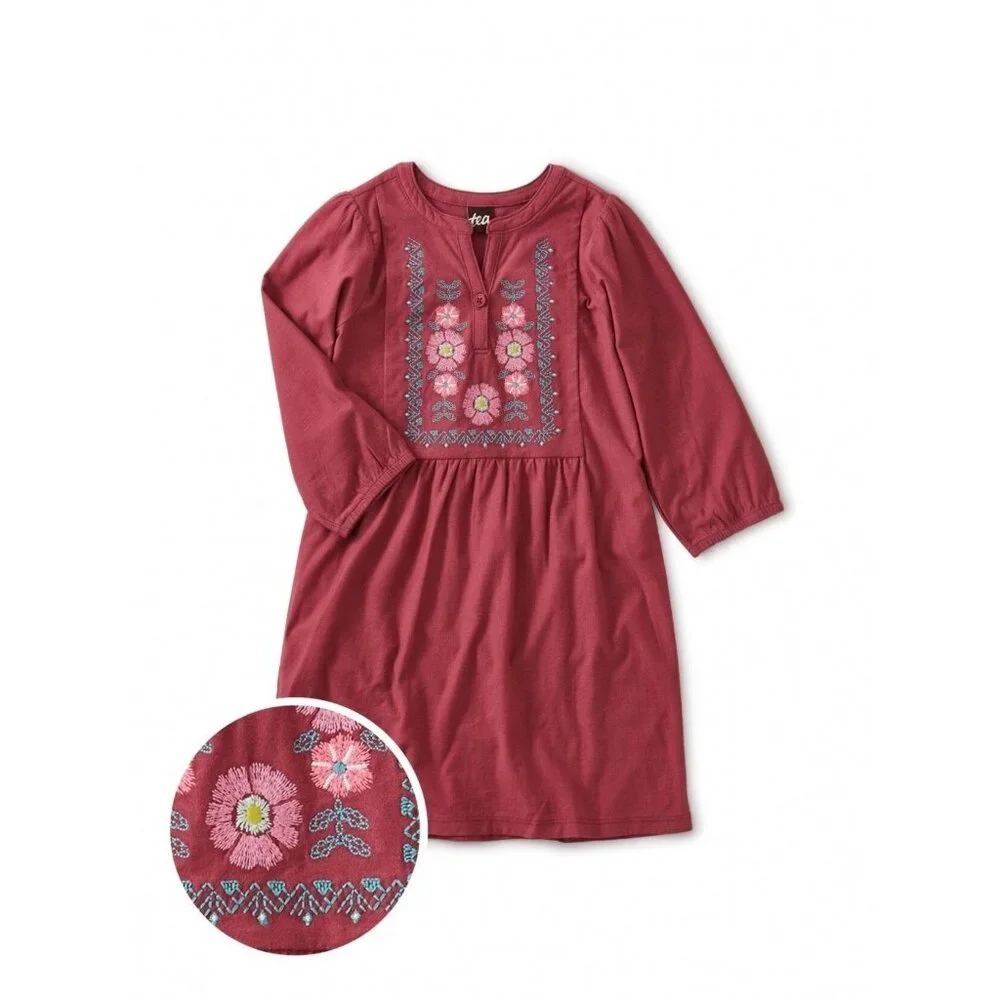 NWT Tea Collection Embroidered Henley Dress Maroon Size 4